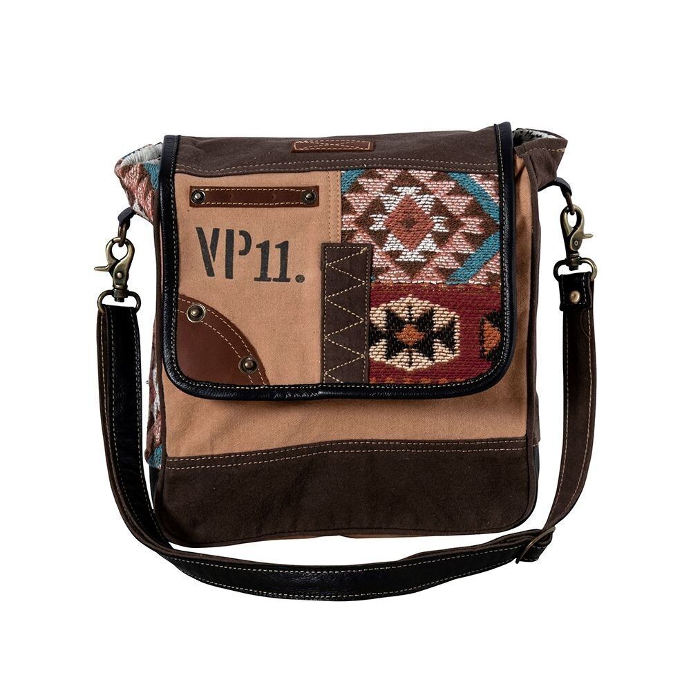Myra Bag Handmade Southwest Shoulder Bag Upcycled Canvas & Cowhide Leather - Picture 15 of 16